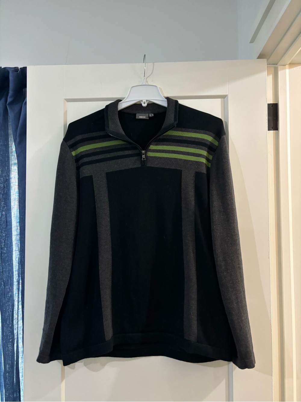 Mexx Men’s Black & Gray Quarter-Zip Sweater with Green Stripes